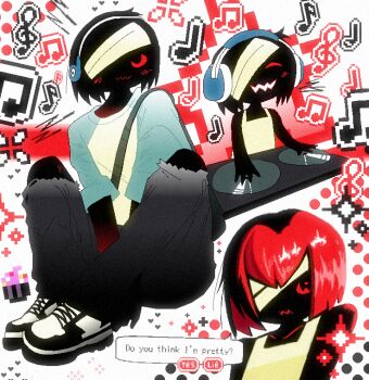 Rule 34 | 1girl, absurdres, alternate hair color, bag, bandage over one eye, bare shoulders, black bag, black eyes, black hair, black shoes, black skin, blue jacket, chewchewer, closed eyes, closed mouth, collarbone, colored sclera, colored skin, commentary, cupcake, dialogue options, dj, english commentary, english text, food, grey pants, headphones, heart, highres, jacket, monster girl, musical note, open mouth, original, pants, red hair, red sclera, shirt, shoes, short hair, shoulder bag, sitting, smile, sparkle, speech bubble, wavy mouth, white shirt