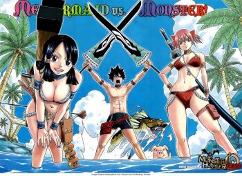 Rule 34 | 1boy, 2girls, ailee jeskar, bikini, breasts, capcom, cleavage, cloud, mashima hiro, monster hunter (series), monster hunter orage, multiple girls, official art, pig, plesioth, poogie, ryuho shiki, sakya, sky, smile, swimsuit, sword, weapon