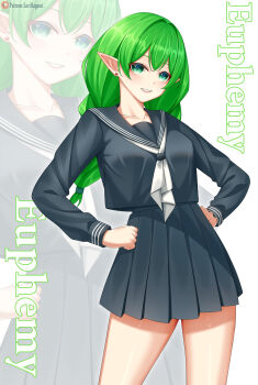 Rule 34 | 1girl, absurdres, alternate costume, artist name, black sailor collar, black serafuku, black shirt, black skirt, braid, breasts, character name, collarbone, commission, commissioner upload, cowboy shot, earrings, elf, euphemy sylvaine, green eyes, green hair, grin, hands on own hips, highres, jewelry, large breasts, long hair, long sleeves, looking at viewer, lori hagami, medium breasts, neckerchief, official art, patreon logo, patreon username, pleated skirt, pointy ears, sailor collar, school uniform, serafuku, shirt, simple background, skirt, smile, solo, standing, twin braids, ways of darkness (series), white background, white neckerchief, zoom layer