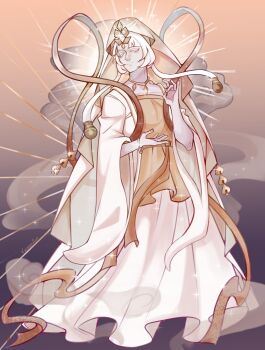 1girl absurdres chinese_clothes commentary_request cookie_run cookie_run:_kingdom diamond_(gemstone) highres korean_commentary long_sleeves mystic_flour_cookie pale_skin robe solo temssfun veil white_hair white_robe white_veil wide_sleeves