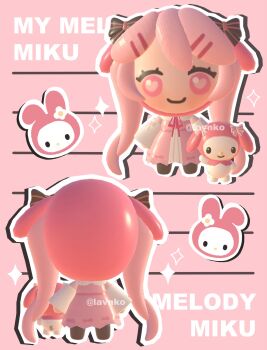 3d alternate_hair_color bow chibi chibi_only english_text eyelashes flower hair_bow hair_ornament hairclip hatsune_miku heart heart-shaped_pupils highres lavy_(lavnko) long_hair my_melody onegai_my_melody pink_eyes pink_hair sanrio smile sparkle symbol-shaped_pupils very_long_hair vocaloid