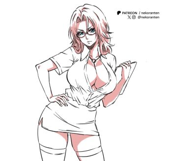 1girl artist_name bespectacled bleach blue_eyes breasts cleavage commentary contrapposto cowboy_shot glasses hand_on_own_hip hashtag-only_commentary holding holding_notepad jewelry limited_palette matsumoto_rangiku miniskirt mole mole_under_mouth necklace nekoranten notepad partially_unbuttoned pencil_skirt plunging_neckline shirt_tucked_in skirt solo thighhighs twitter_username zettai_ryouiki