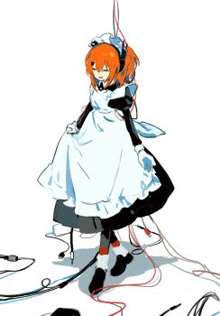 1girl a.i._voice adachi_rei alternate_costume apron black_dress black_shoes cable closed_mouth collared_dress dress enmaided full_body gloves hair_ornament hairclip headphones highres juliet_sleeves long_sleeves maid maid_apron maid_headdress medium_hair open_mouth orange_hair puffy_sleeves sfrabbit shadow shoes simple_background skirt_hold smile socks solo standing utau white_background white_gloves white_socks