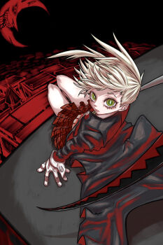 1girl 2687_nirvana absurdres arm_support black_jacket black_sky blonde_hair bright_pupils city commentary_request crescent_moon cutout_eyelashes floating_hair from_above full_body gloves green_eyes highres holding holding_scythe jacket long_sleeves looking_at_viewer maka_albarn moon moon_with_face necktie plaid_clothes plaid_skirt pleated_skirt red_moon red_skirt red_theme scythe sitting skirt sky slit_pupils solo soul_eater twintails white_gloves white_pupils