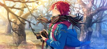 Rule 34 | 1boy, bangs pinned back, bare tree, blazer, blue jacket, camera, ensemble stars!, fingernails, from side, game cg, green eyes, green necktie, happy elements, holding, holding camera, hood, hood down, hooded jacket, isara mao, jacket, koiro shiki (ensemble stars!), lapels, layered clothes, long sleeves, male focus, necktie, notched lapels, official art, open clothes, open jacket, outdoors, parted lips, profile, red hair, scarf, school uniform, short hair, solo, third-party source, tree, upper body, yumenosaki school uniform