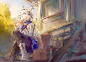 1girl absurdres ahoge animal_ears bag black_pantyhose blue_eyes blue_sailor_collar blue_skirt boots burger closed_mouth cup disposable_cup ear_ornament eating eynv food grey_hair hair_between_eyes hair_ornament hairband highres holding holding_burger holding_food horse_ears horse_girl jacket long_hair long_sleeves multicolored_hair neckerchief oguri_cap_(starlight_beat)_(umamusume) oguri_cap_(umamusume) outdoors pantyhose paper_bag pleated_skirt red_neckerchief sailor_collar shirt sitting sitting_on_stairs skirt solo stairs umamusume white_boots white_jacket white_shirt