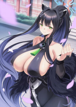 1girl animal_ear_fluff animal_ears bare_shoulders black_bridal_gauntlets black_dress black_hair blue_archive blue_halo blunt_bangs blush breasts bridal_gauntlets china_dress chinese_clothes cleavage closed_mouth collarbone commentary covered_erect_nipples cowboy_shot dress extra_ears falling_petals feather_boa green_eyes halo hand_up highres large_breasts long_hair looking_at_viewer outdoors petals shun_(blue_archive) sidelocks sleeveless sleeveless_dress smile solo standing suigetu26 tiger_ears tiger_girl