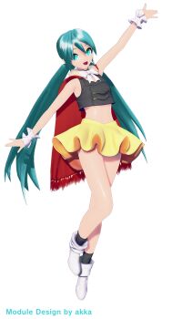 1girl 3d :d akka alpha_transparency aqua_eyes aqua_hair arm_up bare_arms bare_shoulders black_socks bow bowtie cape crop_top eyebrows_hidden_by_hair female_focus flat_chest frilled_skirt frilled_wrist_cuffs frills full_body hair_between_eyes hatsune_miku hatsune_miku_(dreamer) knees long_hair looking_at_viewer midriff miniskirt official_art open_mouth project_diva project_diva_(series) project_diva_mega39&#039;s red_cape shirt shoes simple_background skirt sleeveless sleeveless_shirt smile socks solo standing standing_on_one_leg thighs twintails very_long_hair vocaloid white_background white_bow white_bowtie white_shoes white_wrist_cuffs wrist_cuffs yellow_skirt