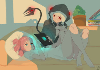 2girls :o absurdres bare_legs barefoot blue_eyes blush book breasts cactus command_&amp;_conquer command_&amp;_conquer:_red_alert command_&amp;_conquer:_red_alert_2 couch foehn_revolt foehn_revolt_symbol fur-trimmed_jacket fur_trim highres holding holding_tablet_pc hood hood_up indoors interlocked_fingers jacket knees knees_to_chest libra_(mental_omega) long_sleeves looking_at_another looking_at_screen lying mechanical_tail mental_omega_(mod) multi-tied_hair multiple_girls ncxdjj no_pants on_back pink_hair red_eyes shadow shirt short_hair short_sleeves sitting small_breasts tablet_pc tail white_hair white_shirt wide_sleeves yunru_(mental_omega) yuri