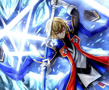 Rule 34 | 1boy, absurdres, blazblue, blazblue: calamity trigger, blazblue: central fiction, blazblue: chronophantasma, blazblue: continuum shift, blonde hair, glacier, green eyes, highres, holding, holding sword, holding weapon, ice, jacket, karadborg, katana, kisaragi jin, looking at viewer, male focus, sheath, solo, sword, unsheathing, weapon
