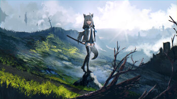 1girl absurdres advarcher ahoge animal_ear_fluff animal_ears bare_tree black_jacket blue_eyes blue_sky boots building closed_mouth cloud cloudy_sky commentary cross day english_commentary floating_island fox_ears fox_girl fox_tail full_body fur_trim grass highres holding holding_sheath hololive jacket landscape long_sleeves official_alternate_costume open_clothes open_jacket outdoors rock sheath shirakami_fubuki shirakami_fubuki_(fubukitek) shirt sky smile solo standing sun sunlight sword tail thigh_boots thighhighs tree virtual_youtuber weapon white_hair zettai_ryouiki