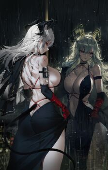 1girl absurdres alternate_costume arm_pouch ass backless_dress backless_outfit bare_back bare_shoulders black_choker black_dress black_gloves black_horns black_tail blonde_hair breasts butt_crack center_opening choker closed_mouth collarbone commentary cowboy_shot curled_horns demon_tail different_reflection dress earrings elbow_gloves gloves grey_hair highres holding holding_jacket holding_unworn_clothes horns jacket jewelry key_earrings large_breasts long_hair looking_at_viewer looking_back maenoo median_furrow navel necktie necktie_around_wrists pouch rain red_eyes red_necktie reflection shoulder_blades side_slit sideboob sideless_dress solo stomach tacet_mark_(wuthering_waves) tail unworn_jacket window wuthering_waves zani_(wuthering_waves)