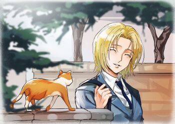Rule 34 | 1girl, ^ ^, animal, blazer, blonde hair, blue jacket, blue necktie, blurry, breasts, cat, closed eyes, collared shirt, crernebrulee, depth of field, facing viewer, highres, hunter x hunter, jacket, korean commentary, medium breasts, necktie, pakunoda, shirt, short hair, smile, tree, upper body, white shirt