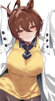 Rule 34 | 1girl, absurdres, agnes tachyon (tach-nology) (umamusume), agnes tachyon (umamusume), ahoge, animal ears, black necktie, black pantyhose, breasts, brown hair, coat, commentary request, hair between eyes, hands up, highres, horse ears, horse girl, huge ahoge, lab coat, large breasts, long hair between eyes, looking at viewer, medium hair, necktie, open clothes, open coat, pantyhose, red eyes, rumina runa, short necktie, simple background, sleeves past fingers, sleeves past wrists, smile, solo, sweater, umamusume, white background, white coat, yellow sweater