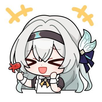 Rule 34 | > <, 1girl, apron, blue ribbon, brown hairband, chibi, firefly (honkai: star rail), food, food art, fork, gradient hair, grey hair, hair between eyes, hair intakes, hair ornament, hair ribbon, hairband, highres, holding, holding fork, honkai: star rail, honkai (series), long hair, makinomaki108, multicolored hair, neckerchief, open mouth, orange neckerchief, ribbon, simple background, smile, solo, tako-san wiener, white apron, white background