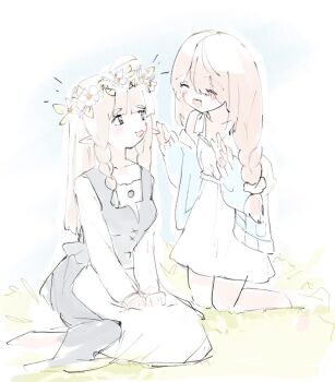 Rule 34 | 2girls, :3, :d, ^ ^, blue jacket, blunt bangs, blush, borrowed character, braid, braided sidelocks, brown hair, closed eyes, commentary, dawn (ringosutta), dress, elf, english commentary, full body, grass, grey dress, hands on own legs, happy, head wreath, highres, jacket, jacket partially removed, kneeling, long hair, long sleeves, looking at another, lyydia (sunako), multiple girls, muted color, open clothes, open jacket, open mouth, original, outdoors, pointy ears, ringosutta, shirt, sidelocks, sitting, smile, swedish clothes, twin braids, white shirt, yokozuwari