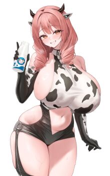 1girl animal_print azur_lane black_gloves bottle breasts commentary contrapposto covered_erect_nipples cow_print cowpens_(azur_lane) drill_hair elbow_gloves fake_horns garter_straps gloves grin hair_intakes hand_up highres holding holding_bottle horns huge_breasts kuavera lactation lactation_through_clothes long_hair looking_at_viewer milk_bottle mole mole_under_eye navel orange_eyes pink_hair skindentation smile solo sweat symbol-only_commentary thick_thighs thighs wide_hips