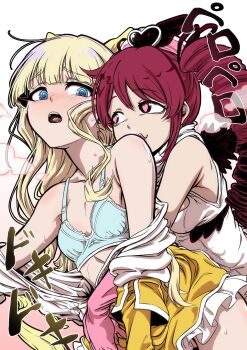 2girls ane_moire armpits blonde_hair blue_eyes blush bra breasts collarbone commentary commentary_request dress flat_chest frilled_dress frills hair_between_eyes hanabishi_haruka heart heart-shaped_pupils highres hug hug_from_behind licking long_hair magia_magenta magia_magenta_(la_verita) magia_sulfur mahou_shoujo_ni_akogarete mixed-language_commentary multiple_girls nurse red_eyes red_hair ringlets simple_background sleeveless small_breasts symbol-shaped_pupils teeth tenkawa_kaoruko tongue underwear undressing upper_teeth_only white_dress yellow_dress yuri
