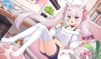 1girl :d animal animal_ear_fluff animal_ears bare_shoulders belt bendy_straw blue_shorts book bookshelf bow breasts brown_belt cat cat_ears cat_girl cat_tail cellphone chair collarbone commentary_request computer computer_keyboard computer_tower controller copyright_request couch crop_top cup curtains day disposable_cup drinking_straw fang game_controller grey_hair hair_bow hair_ornament hairclip hitsuki_rei holding holding_cup holding_phone indoors long_hair long_sleeves looking_at_viewer mcdonald's microphone midriff monitor navel off-shoulder_shirt off_shoulder office_chair on_couch open_mouth phone phone_with_ears pink_bow puffy_long_sleeves puffy_sleeves purple_eyes shirt short_shorts shorts small_breasts smile solo swivel_chair tail tail_bow tail_ornament thighhighs twintails very_long_hair virtual_youtuber white_shirt white_thighhighs window