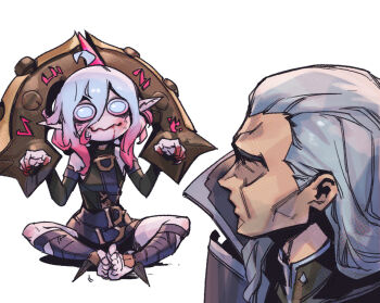 1boy 1girl ahoge belt black_belt black_jacket blood_on_mouth briar_(league_of_legends) closed_mouth colored_sclera colored_skin commentary detached_sleeves feet grey_hair hair_between_eyes hair_slicked_back jacket league_of_legends long_hair looking_at_another looking_at_viewer no_pupils phantom_ix_row pink_hair pointy_ears red_sclera sidelocks simple_background sitting spread_legs stirrup_legwear swain_(league_of_legends) symbol-only_commentary toeless_footwear toeless_legwear toes vampire white_background white_eyes wrist_cuffs