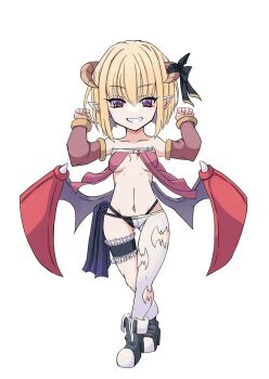 1girl asymmetrical_clothes black_boots black_panties blonde_hair blush boots breast_curtains breasts brown_horns brown_sleeves commentary_request demon_girl demon_horns demon_wings detached_sleeves frilled_thigh_strap full_body grin highleg highleg_panties horns looking_at_viewer low_wings medium_breasts nagifujisawa navel open_mouth panties pants pointy_ears ragnarok_online red_eyes red_wings short_hair simple_background single_pantsleg smile solo standing succubus_(ragnarok_online) thigh_strap underwear white_background white_pants wings