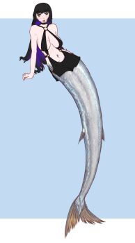 Rule 34 | 10tile, 1girl, absurdres, black hair, bocchi the rock!, breasts, choker, commentary, ear piercing, english commentary, fins, forked tongue, green eyes, grey scales, highres, mermaid, mole, mole on breast, monster girl, monsterification, navel piercing, pa-san, piercing, purple hair, scales, swimsuit, tongue