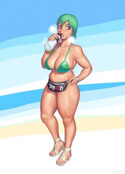 1girl absurdres alternate_breast_size_(larger) alternate_costume beach belly bikini blue_sky bottle bracelet breasts breath brown_eyes commentary commission drinking english_commentary fanny_pack foo_fighters_(jojo) full_body gold_bracelet green_bikini green_hair hand_up highres holding holding_bottle jewelry jojo_no_kimyou_na_bouken large_breasts looking_at_viewer multiple_bracelets namnums navel ocean outdoors sandals short_hair sideboob sky standing stone_ocean sweat swimsuit watch water_bottle wristwatch