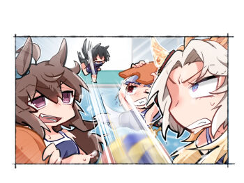 4girls :d ahoge arms_up ball barefoot beer_hsk black_hair blue_one-piece_swimsuit breasts brown_hair chibi clenched_teeth emphasis_lines faceless faceless_female gold_ship_(umamusume) grey_hair hair_between_eyes holding kickboard kin'iro_ryotei_(umamusume) long_hair medium_breasts multicolored_hair multiple_girls nakayama_festa_(umamusume) one-piece_swimsuit open_mouth orfevre_(umamusume) partially_submerged pool purple_eyes smile standing standing_on_one_leg swimsuit teeth two-tone_hair umamusume v-shaped_eyebrows volleyball_(object) water