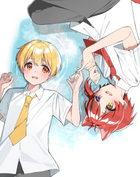 2boys blonde_hair blush grey_pants hand_up hands_up hashtag-only_commentary heterochromia highres kai_(shell) looking_at_another lying male_focus multiple_boys necktie on_back open_mouth orange_eyes pants pinky_swear red_hair red_necktie rinu_(stpri) ripples root_(stpri) shirt short_hair smile strawberry_prince upside-down white_shirt yellow_necktie
