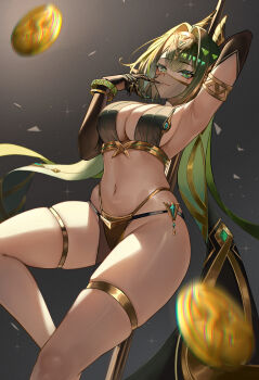 1girl absurdres alternate_costume arm_behind_head arm_up armlet armpits black_gloves bracelet breasts center_opening chromatic_aberration closed_mouth coin commentary elbow_gloves facial_mark genshin_impact gloves green_eyes groin hair_intakes harem_outfit headgear highleg highres jewelry looking_at_viewer luto mark_under_eye medium_breasts mole mole_under_eye mouth_veil navel nefer_(genshin_impact) pole skindentation smile solo stomach stripper_pole thighlet thighs veil