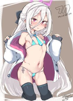 1girl absurdres bare_shoulders bikini bikini_under_clothes blue_archive blue_necktie blush closed_mouth commentary_request detached_collar flat_chest hair_between_eyes halo highres imazon kei_(blue_archive) kei_(new_body)_(blue_archive) loli long_hair looking_at_viewer micro_bikini navel necktie pink_halo pout rectangular_halo simple_background sleeves_past_wrists solo swimsuit thighhighs very_long_hair white_hair
