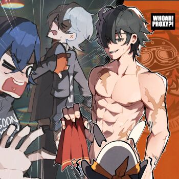 &gt;_o 1girl 2boys abs bangboo_(zenless_zone_zero) belle_(zenless_zone_zero) black_hair blue_hair convenient_censoring crossed_bangs emphasis_lines english_text eous_(zenless_zone_zero) fingerless_gloves gloves grabbing_another&#039;s_arm green_eyes grey_hair hair_between_eyes hair_over_one_eye heart highres holding holding_towel jacket lighter_(zenless_zone_zero) multiple_boys multiple_scars navel nude one_eye_closed open_mouth partially_shaded_face scar scar_on_arm scar_on_chest scar_on_stomach shirt short_hair stomach surprised toned toned_male towel wet wise_(zenless_zone_zero) wokiiarts zenless_zone_zero