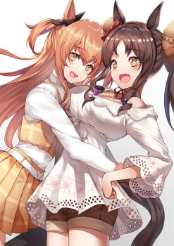 Rule 34 | + +, 2girls, animal ears, belt, black hair, blush, bow, breasts, brown hair, brown ribbon, brown shorts, buckle, casual, collarbone, commentary request, dress, ear ribbon, fang, hair between eyes, hair ornament, headband, heart, heart-shaped buckle, highres, horse ears, horse girl, horse tail, hug, jewelry, large breasts, long hair, long sleeves, looking at viewer, marvelous sunday (casual) (umamusume), marvelous sunday (umamusume), mayano top gun (casual) (umamusume), mayano top gun (umamusume), multiple girls, necklace, open mouth, orange eyes, orange hair, plaid clothes, plaid dress, ribbon, salute, shirt, shorts, simple background, skin fang, skirt, smile, tail, thighhighs, twintails, two side up, umamusume, vest, white background, white belt, white dress, white shirt, yellow eyes, yellow skirt, yellow vest, yu ni t
