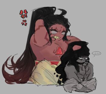 ... 2boys anger_vein black_choker black_hair body_markings burning_spice_cookie choker closed_eyes colored_eyelashes commentary_request cookie_run cookie_run:_kingdom gradient_hair grey_background highres korean_commentary long_hair meteorite444 mold_dough_cookie multicolored_hair multiple_boys no_shirt ponytail sharp_teeth speech_bubble spoken_anger_vein teeth thought_bubble torn_clothes white_eyelashes