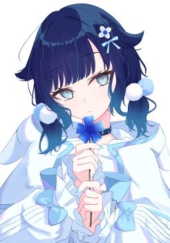 Rule 34 | 1girl, absurdres, blue eyes, blue flower, blue hair, blue nails, blush, collar, commentary request, flower, hair ornament, highres, holding, holding flower, hood, hoodie, if (ify cappuccino), pom pom (clothes), pom pom hair ornament, solo, tsumugi kokage, virtual youtuber, vspo!, white background, white hoodie
