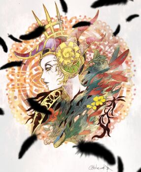 Rule 34 | 1girl, black feathers, closed mouth, commentary request, curled horns, edea kramer, falling feathers, feathers, final fantasy, final fantasy viii, flower, from side, frown, horns, portrait, ruka (blueplus84), solo, striped horns, twitter username, yellow eyes, yellow flower