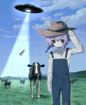 1girl abduction absurdres alien animal antennae black_eyes blue_overalls braid brown_hat commentary cow day farmer hand_on_headwear hand_up hat hayu_(hayu0305) highres long_sleeves looking_at_viewer original outdoors overalls purple_hair standing sweater tractor_beam twin_braids ufo white_sweater