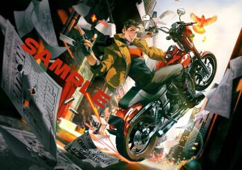 1boy anthonykaen bat_signal batman_(series) batman_symbol black_bodysuit black_gloves black_hair blue_eyes bodysuit brown_jacket dc_comics gloves grey_bodysuit holding jacket jason_todd large_pectorals long_sleeves male_focus motor_vehicle motorcycle multicolored_bodysuit multicolored_hair muscular muscular_male on_motorcycle open_clothes pants pectorals red_hood_(dc) sample_watermark short_hair smile superhero_costume two-tone_bodysuit two-tone_hair watermark white_hair