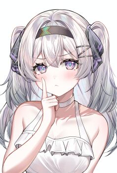 1girl absurdres alternate_costume alternate_hairstyle bare_shoulders black_hairband breasts choker cleavage closed_mouth collarbone commentary devl_ga_aru english_commentary firefly_(honkai:_star_rail) grey_hair hair_between_eyes hair_intakes hairband highres honkai:_star_rail honkai_(series) index_finger_raised long_hair looking_at_viewer medium_breasts purple_eyes simple_background solo twintails upper_body white_background white_choker