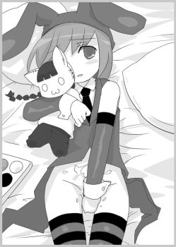 1boy animal_ears bed bemani bottomless covering_crotch covering_privates crossdressing crossdressing_(mtf) cum detached_sleeves hat male_focus monochrome necktie nyami_(pop'n_music) pop'n_music rabbit_ears short_hair shota solo striped stuffed_animal stuffed_toy thighhighs timer trap vest
