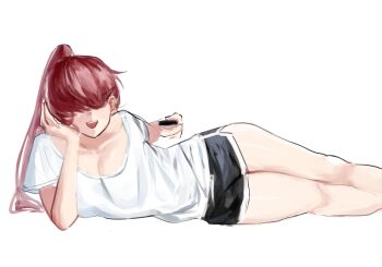 1girl breasts casual controller dan_koflove female_focus long_hair open_mouth pale_skin ponytail red_hair shermie_(kof) shirt shorts smile smiley_face the_king_of_fighters thighs very_long_hair white_shirt