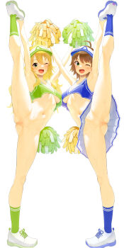 2girls absurdres ahoge armpits arms_up ass blonde_hair blue_socks blush bottomless breasts brown_hair cheering cheerleader crop_top dual_persona flexible full_body green_socks hat highres holding holding_pom_poms hoshii_miki idolmaster idolmaster_(classic) idolmaster_1 kneepits kozuka_yasushi large_variant_set leg_lift leg_up long_hair looking_at_viewer multiple_girls navel no_panties one_eye_closed open_mouth pom_pom_(cheerleading) pom_poms pussy shoes short_hair simple_background skirt sneakers socks split standing standing_on_one_leg standing_split underboob underwear variant_set white_background white_shoes