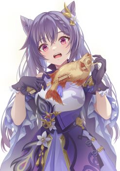 1girl 440_(straight440) absurdres black_gloves blush breasts diamond-shaped_pupils diamond_(shape) double_bun dress fish fish_(food) food genshin_impact gloves grilled_fish hair_between_eyes hair_bun hair_ornament highres holding holding_food keqing_(genshin_impact) long_sleeves medium_breasts open_mouth pink_eyes purple_dress purple_hair solo symbol-shaped_pupils teeth upper_teeth_only wide_sleeves