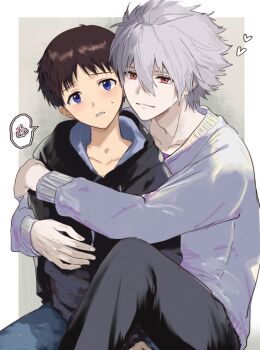 Rule 34 | 2boys, blue eyes, brown hair, commentary, grey hair, hair between eyes, heart, highres, hood, hoodie, hug from side, ikari shinji, knee up, light blush, looking at viewer, male focus, multiple boys, nagisa kaworu, neon genesis evangelion, parted lips, red eyes, short hair, sitting, soraaaa53, spoken squiggle, squiggle, symbol-only commentary, teeth, yaoi