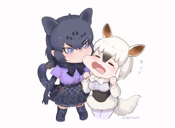2girls animal_ears animal_print anteater_ears anteater_tail beleven black_bow black_bowtie black_corset black_fur black_gloves black_hair black_jaguar_(kemono_friends) black_skirt black_thighhighs blue_eyes blush bow bowtie center_frills corset cowboy_shot elbow_gloves extra_ears flying_sweatdrops frills fur_shirt fur_shorts fur_trim gloves hair_between_eyes heart heart_in_eye height_difference high-waist_skirt highres jaguar_ears jaguar_girl jaguar_tail kemono_friends kemono_friends_3 kiss kissing_cheek leopard_print long_sleeves multicolored_hair multiple_girls open_mouth pantyhose pleated_skirt print_gloves print_skirt print_thighhighs purple_shirt shirt short_hair short_sleeves shorts sidelocks skirt southern_tamandua_(kemono_friends) sweatdrop symbol_in_eye t-shirt tail thighhighs two-tone_hair white_fur white_hair white_pantyhose white_shirt white_shorts zettai_ryouiki