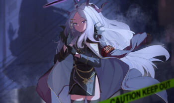 absurdres ahoge armband black_coat black_gloves black_halo black_skirt black_thighhighs blue_archive breasts caution_tape coat coat_on_shoulders demon_girl demon_horns gloves hair_ornament hairclip halo highres hina_(blue_archive) horns keep_out long_hair looking_at_viewer night purple_eyes red_armband sercet skirt small_breasts standing thighhighs white_hair