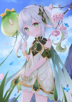 1girl absurdres bare_shoulders blue_butterfly bug butterfly cherry_blossoms cloud cloudy_sky commentary cowboy_shot cross-shaped_pupils day dress flower genshin_impact green_dress green_eyes green_streaks hair_between_eyes hair_ornament highres insect long_hair looking_at_viewer multicolored_hair nahida_(genshin_impact) outdoors parted_lips petals pointy_ears sky solo streaked_hair symbol-shaped_pupils white_hair yukatan_(n-neko)