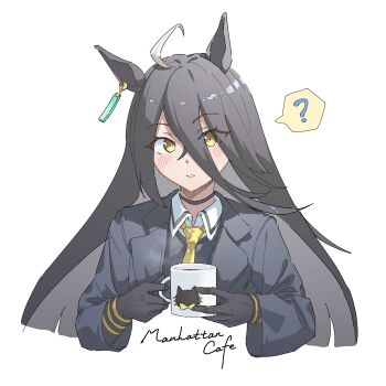 1girl ? absurdres ahoge animal_ears black_choker black_coat black_gloves black_hair black_shirt blush choker coat coffee coffee_mug collared_shirt commentary cropped_torso cuo cup ear_tag earrings english_commentary gloves hair_between_eyes highres horse_ears horse_girl jewelry long_bangs long_hair long_hair_between_eyes long_sleeves looking_at_viewer manhattan_cafe_(creeping_shadow)_(umamusume) manhattan_cafe_(umamusume) mug multicolored_hair necktie parted_lips shirt single_earring solo speech_bubble spoken_question_mark umamusume very_long_hair white_hair yellow_eyes yellow_necktie yirga