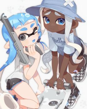 Rule 34 | 2girls, ass, black shorts, bloblobber (splatoon), blue eyes, blue hair, dark-skinned female, dark skin, dolphin shorts, grey eyes, grey hair, grey hat, gun, hashtag-only commentary, hat, highres, holding, holding gun, holding weapon, inkling, inkling girl, inkling player character, long hair, looking at viewer, multiple girls, n-zap (splatoon), nintendo, octoling, octoling girl, octoling player character, one eye closed, pointy ears, sabata saba, shirt, shoes, shorts, splatoon (series), splatoon 3, tearing up, tentacle hair, thick eyebrows, weapon, white background, white shirt