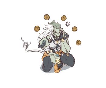 1boy banyue_(zenless_zone_zero) bara commentary dragon_gami electric_plug english_commentary grey_hair loading_icon long_hair male_focus multicolored_hair orb robot_boy tail white_background white_hair zenless_zone_zero